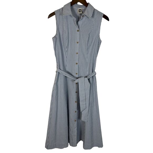 Anne Klein Blue‎ White Stripe Seersucker Sleeveless Midi Shirt Dress Sz 2 Preppy - Picture 1 of 9
